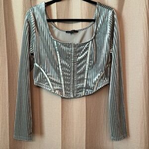 Haute Monde Corset Crop Top Women's XL Green Velvet Ribbed Knit Y2K Grunge